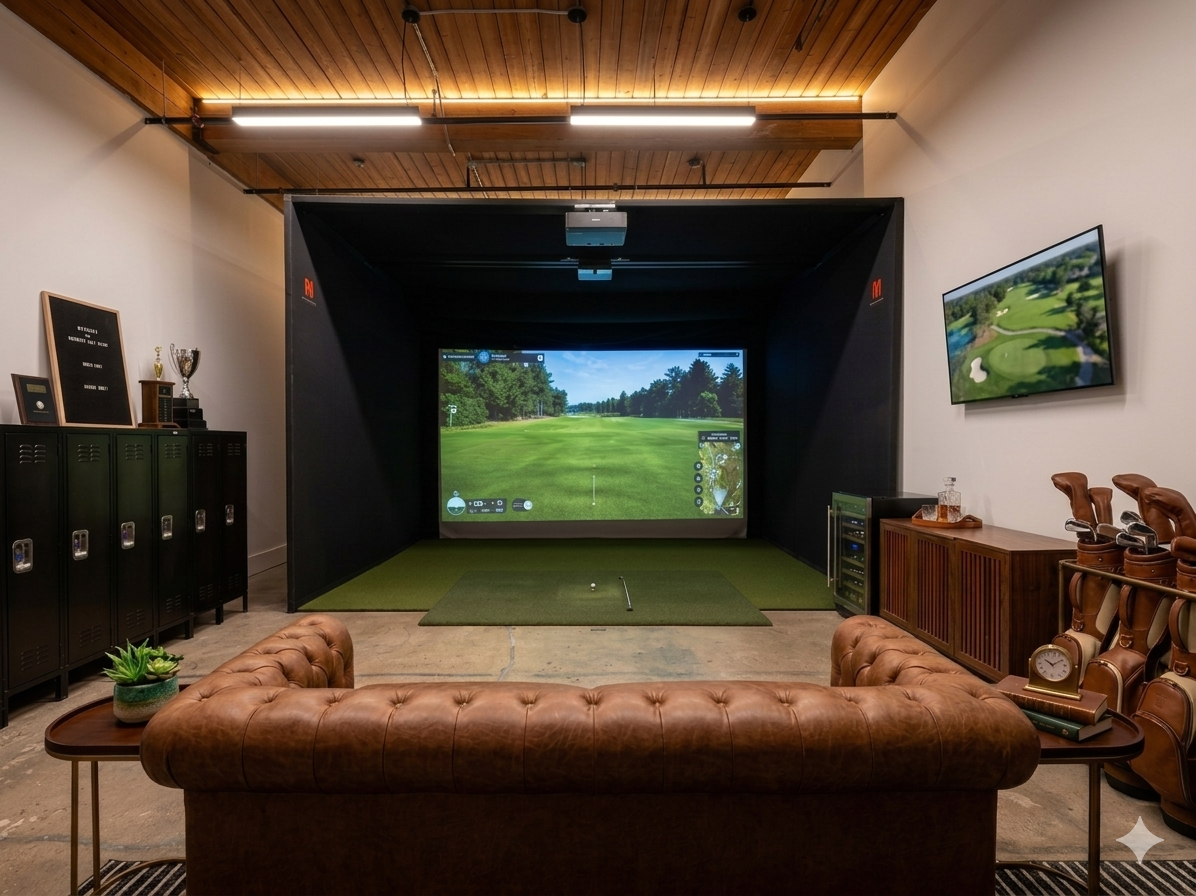 High-fidelity golf simulator bay with lockers at Gowanus Golf Club